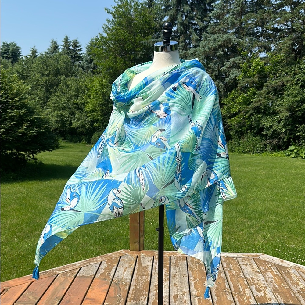Echo Design Large Floral Summer Wrap Shawl Birds and Ferns Tropical Tassles